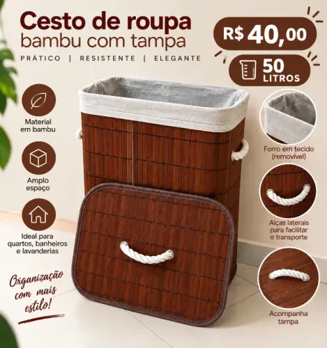 Cesto De Roupa Bambu Com Tampa