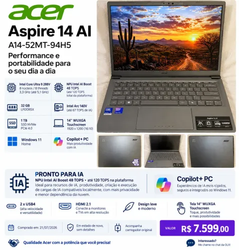 Notebook Acer Aspire 14 AI Core Ultra 9 32GB 1TB SSD Touchscreen Copilot+ PC