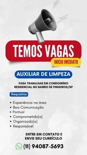 Vagas para Porteiros, Auxiliar de Manutenção predial e Auxiliar de Limpeza