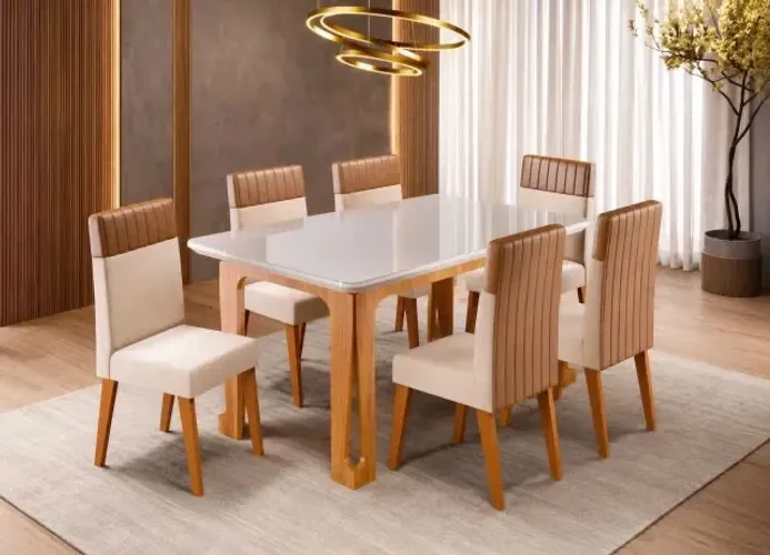 Mesa de Jantar c/ 6 Cadeiras de estofado de CorinoEntrega e Montagem Grátis 