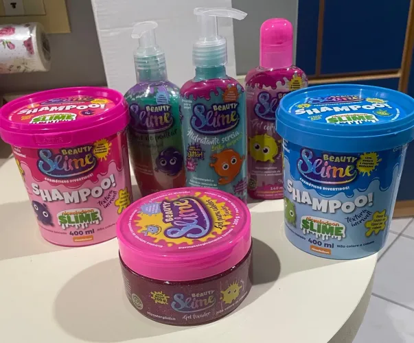 Kit 6 produtos beauty slime shampoo gel creme hidratante