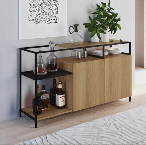 Buffet Aparador Bar Industrial Retrô 2 Portas 2 Nichos Madeira/Aço 135cm York