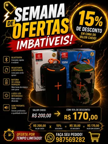 CAIXA DE SOM KAPBOM 100W KA-8883 | BLUETOOTH + LED | DE R$200 POR R$170!