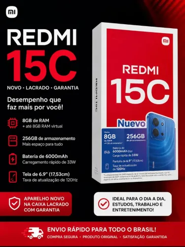 Redmi 15C novo lacrado, 8GB RAM, 256GB, bateria 6000mAh, top de linha!