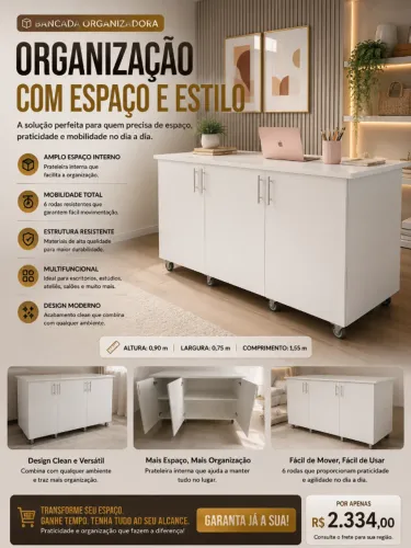Balcão Organizador Premium com Rodízios | Elegância, Mobilidade e Muito Espaço