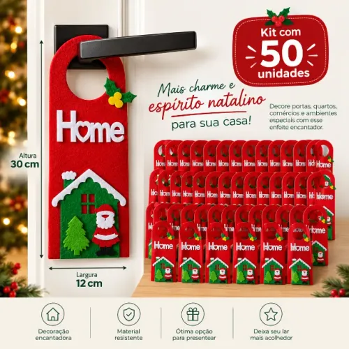 Enfeite Decoração de Natal Papai Noel Para Porta Em Feltro 50 Unidades Kit Vermelho 30CM