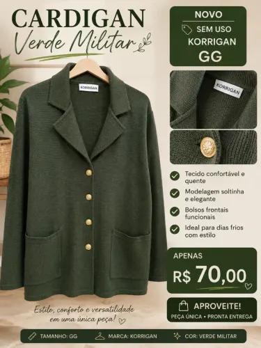 Cardigan verde militar, gg. Sem uso, por 98,00 reais!