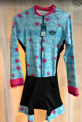 Macaquinho Ciclismo Feminino Manga Longa Azul e Rosa, Uv50, GG, Nunca usado 