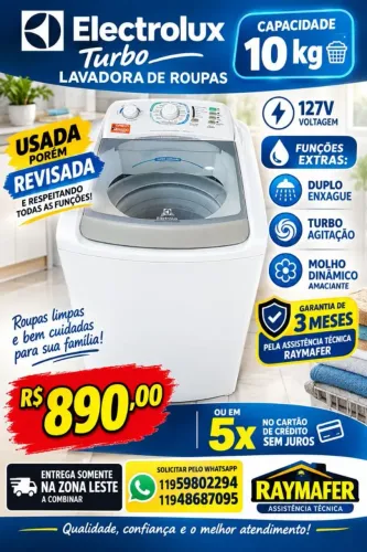 Máquina de lavar roupas Eletrolux 10 kg com garantia e entrega na zona leste a combinar
