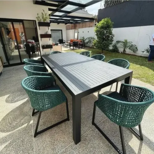 CONJUNTO MESA RETANGULAR DE ALUMINIO + 8 CADEIRAS DE CORDA NÁUTICA 