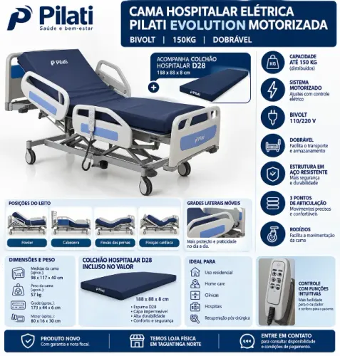 Cama Hospitalar Elétrica Pilati Evolution Motorizada + Colchão D28
