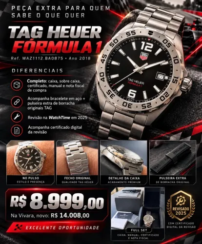 TAG Heuer Fórmula 1 WAZ1112 2018 Full Set + Pulseira Preta Original + Revisão WatchTime