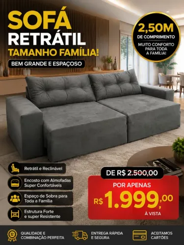 Promoção imperdível de 2500 por 1999 Sofá retrátil bem grande espaçoso com 2.50 de comp