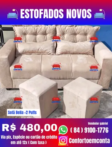Sofá 3 lugares Com Puffs : R$ 480,00