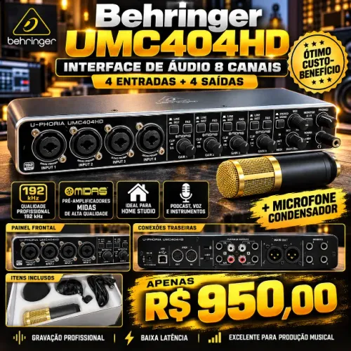 Interface de Áudio Behringer UMC404HD + Microfone Condensador | 4 Entradas