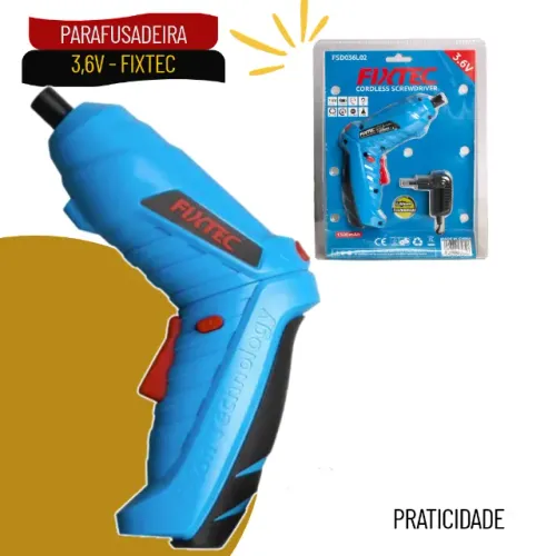 Parafusadeira Elétrica Sem Fio FIXTEC 3,6V com Bateria 1300mAh e 4 Bits - SFM30