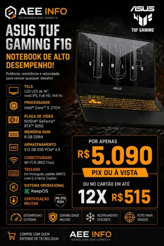 NOTEBOOK GAMER ASUS CORE 5 210H NVIDIA RTX 3050 8GB SSD 512GB TELA 16 POL 144HZ IPS!