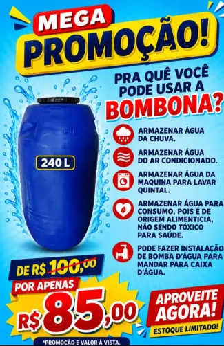 Bombona plástica 240 litros para água, milho, ração