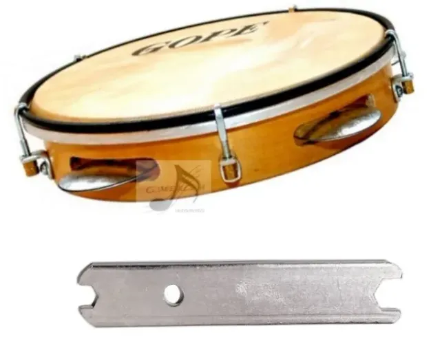 Pandeiro 8" polegadas Madeira Envernizada Pele Animal + Chave de Afinação