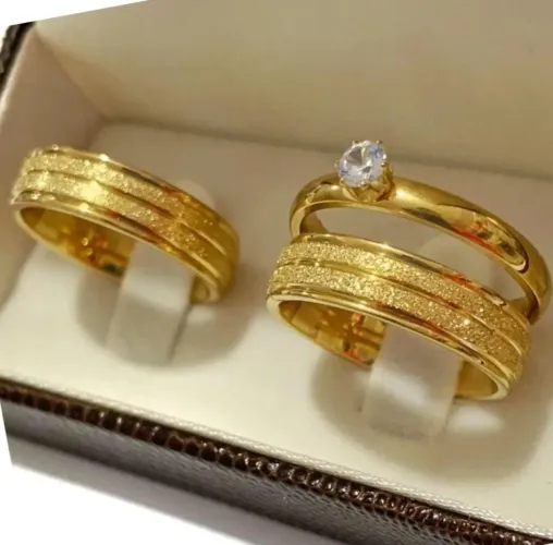 Par Aliança moeda antiga cor ouro kit com anel