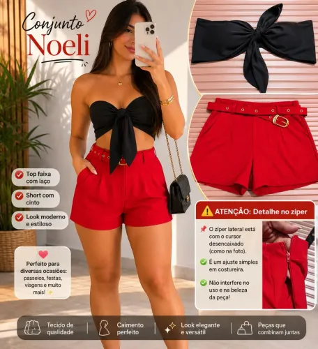Conjunto Short alfaiataria vermelho com cinto e top faixa preto amarração 