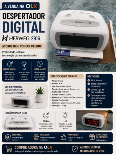 Despertador Digital Herweg 2916 Luz Noturna - Novo