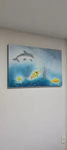 Quadro decorativo em madeira, tela e gesso com textura e alto relevo. De 40,00 Por 27,00