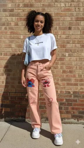 Calça jeans feminina Stitch 