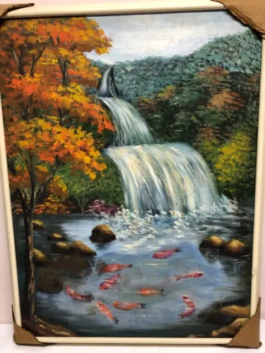Lindo quadro "Cachoeira" em tela pintado a óleo (65,5 x 85)