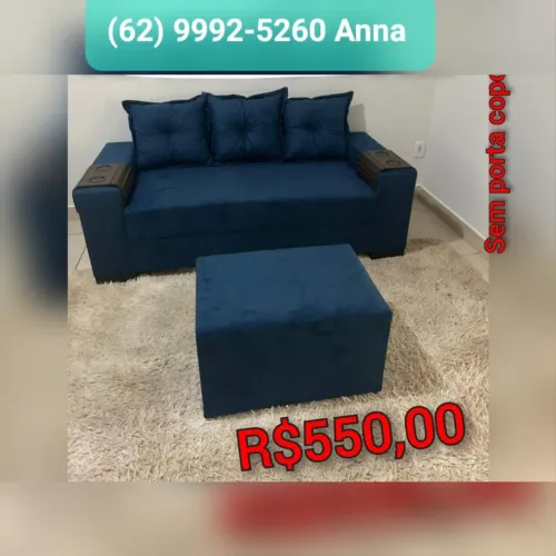 Sofá 3 Lugares Azul com Puff - Conforto e Estilo!