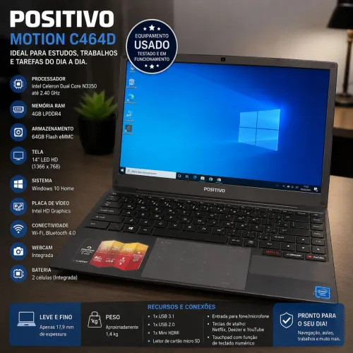 NOTEBOOK POSITIVO MOTION C464D 14" - 4GB RAM - 64GB - INTEL CELERON
