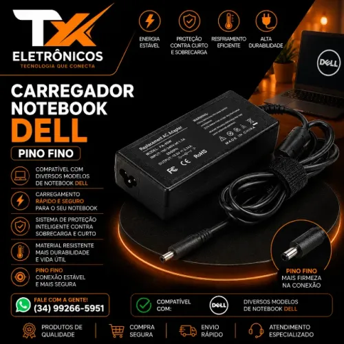Carregador Fonte Notebook Dell Pino Fino - Fonte de Notebook Dell Pino Fino Bivolt