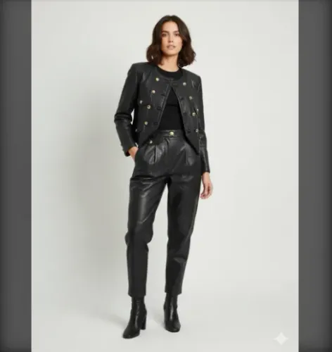 conjunto jaqueta e calça em couro legítimo elle et lui preto luxo Tam P