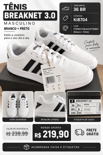 Tênis Adidas Breaknet 3.0 Masculino Branco/Preto 36 - Novo com Caixa