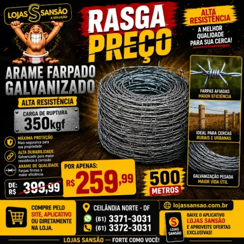 Arame Farpado Galvanizado 500 Metros 350kgf Alta Resistência