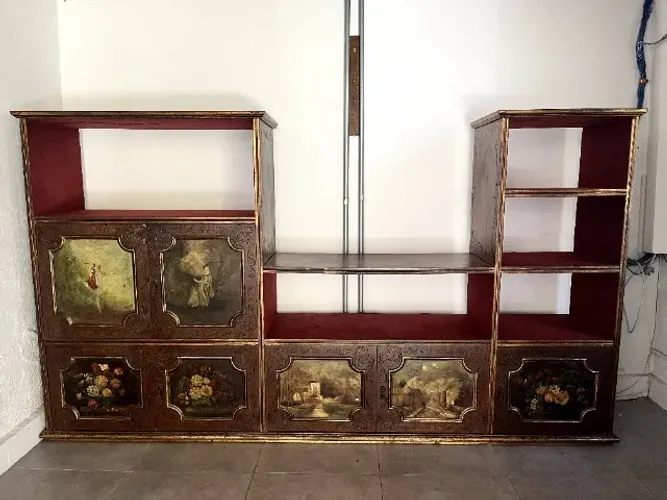 Estante de madeira maciça com pinturas a óleo, vintage para toca-discos, som, tv
