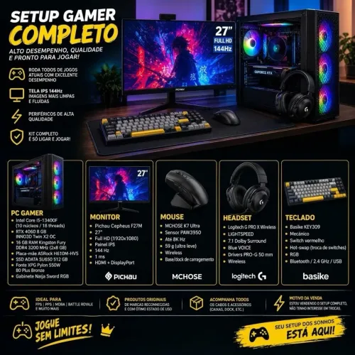 Setup Gamer Completo: I5-13400F + RTX 4060 + Monitor 27" 144Hz + Periféricos Premium!