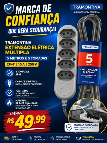 Tramontina Extensão Elétrica Múltipla 5 Metros e 5 Tomadas 2P+T 10 A 250V LACRADA!