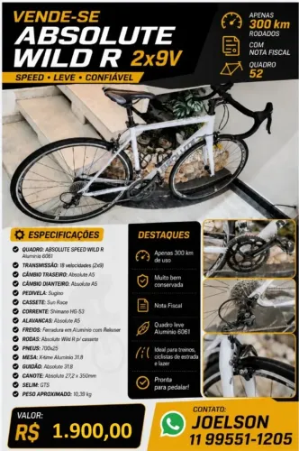 Speed Absolute Wild R 2x9V Quadro 52 | Apenas 300 km | Com Nota Fiscal | R$ 1.900