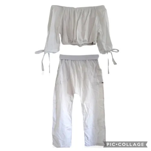 Conjunto Cropped e Saruel Branco Linho