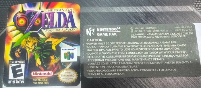 ZELDA MAJORAS MASK NINTENDO 64 - LABEL FRENTE E VERSO 