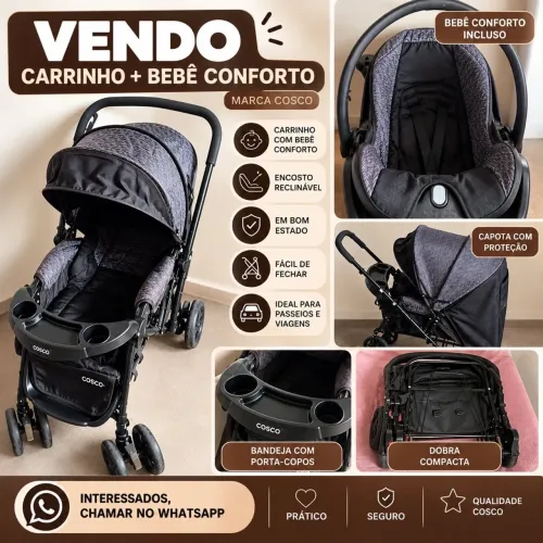 Carrinho de bebê e bebê conforto cosco preto