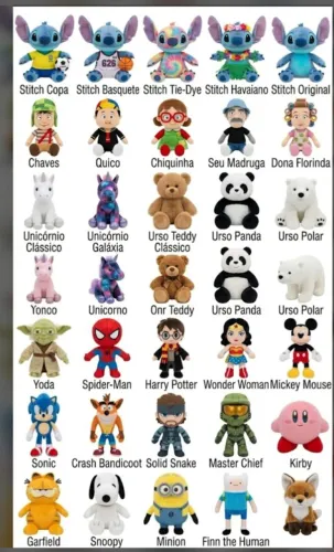 Pelúcias 20 cm personagens variados