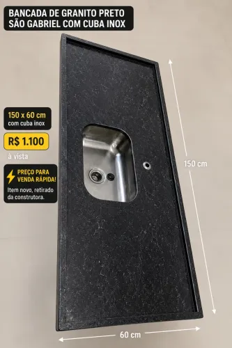 BANCADA DE GRANITO PRETO SÃO GABRIEL COM CUBA INOX