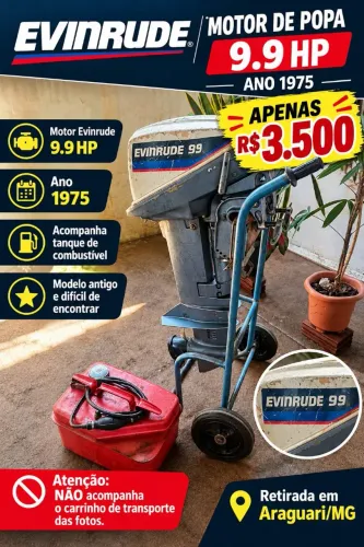 Motor de Popa Evinrude 9.9 HP - Ano 1975 + Tanque de Combustível
