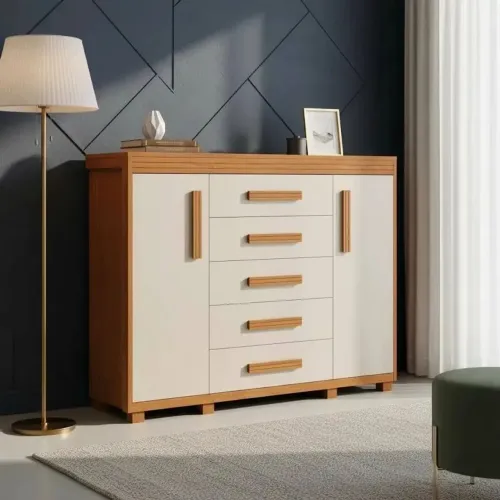Cômoda de alto padrão 5 gavetas e 2 portas com cabideiro 100% MDF