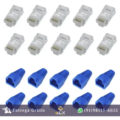 Kit 10 Conectores Rj45 Cat6 + Capa P/ Plug Azul *ENTREGA GRÁTIS*