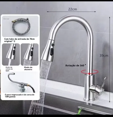 Torneira Gourmet Monocomando para Cozinha com Chuveiro Retrátil