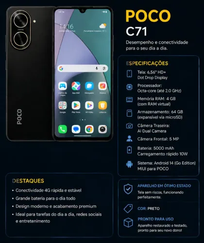 Xiaomi Poco C71 64GB Preto Seminovo - Apenas o Aparelho (Preço de Desapego)