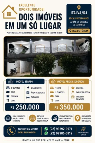 Duas Casas à Venda em Italva - Rua do Fórum | R$ 250 mil e R$ 350 mil